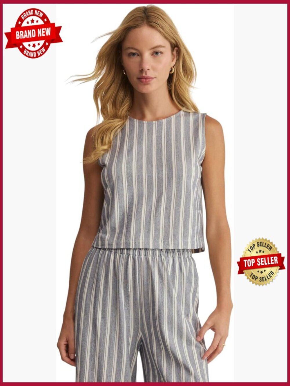 Womens Striped Knit Tank Top Crew Neck Sleeveless Relaxed Fit Summer Top
